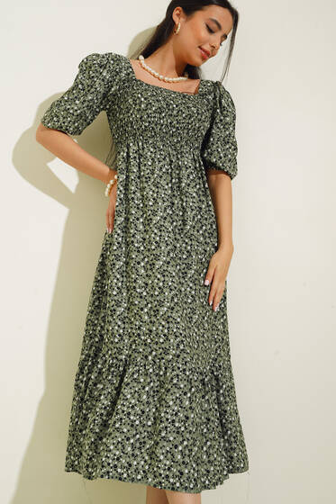 Çiçek Desenli Gipeli Elbise Çağla Yeşili - Kadın Giyim Modelleri