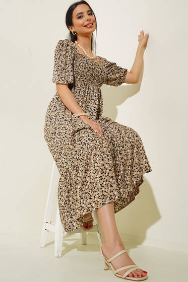 Çiçek Desenli Gipeli Elbise Camel - Kadın Giyim Modelleri