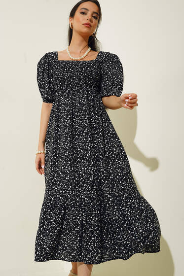 Çiçek Desenli Gipeli Elbise Siyah - Kadın Giyim Modelleri