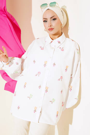 Çiçek Desenli Gömlek Fuşya - Gömlek