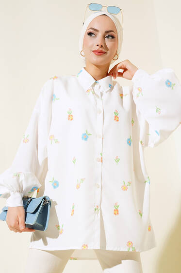 Çiçek Desenli Gömlek Mavi - Gömlek