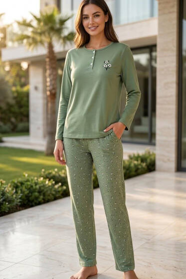 Çiçek Desenli İnterlok Kadın Pijama Takımı Çağla Yeşili - Pijama