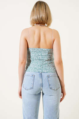 Çiçek Desenli İp Askılı Bluz Yeşil - Yılın Fırsatı