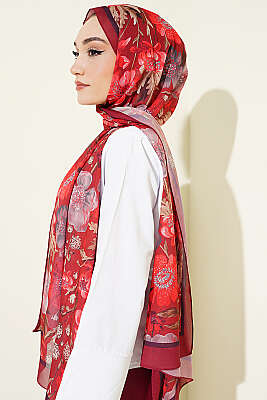 Çiçek Desenli İtalyan Şifon Şal Bordo - Başörtüsü