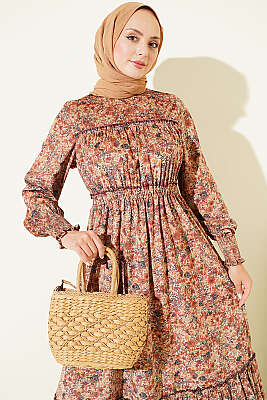 Çiçek Desenli Kadife Elbise Camel - Fendel