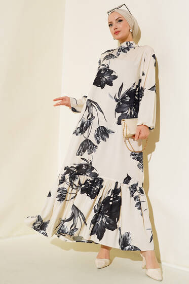 Çicek Desenli Kat Elbise Bej - Elbise