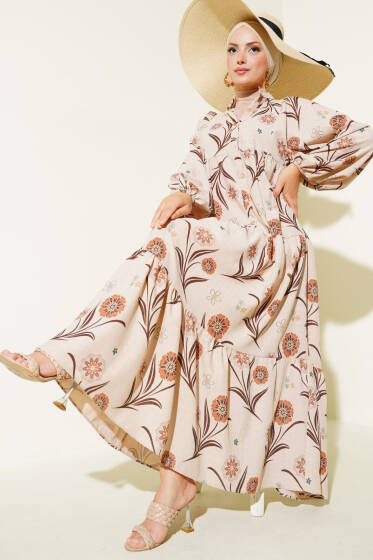 Çiçek Desenli Kat Kat Elbise Camel - Elbise