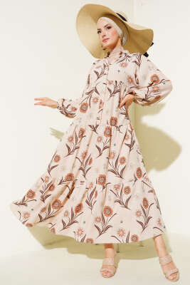 Çiçek Desenli Kat Kat Elbise Camel - Tesettür Elbise