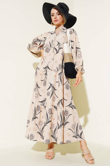 Çiçek Desenli Kat Kat Elbise Gri - Elbise