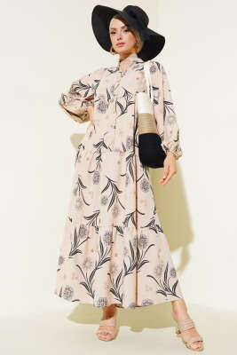 Çiçek Desenli Kat Kat Elbise Gri 