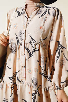 Çiçek Desenli Kat Kat Elbise Gri - Tesettür Elbise