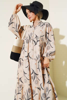 Çiçek Desenli Kat Kat Elbise Gri - Tesettür Elbise