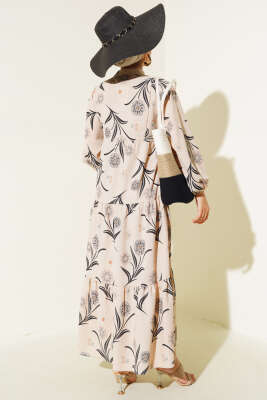 Çiçek Desenli Kat Kat Elbise Gri - Tesettür Elbise