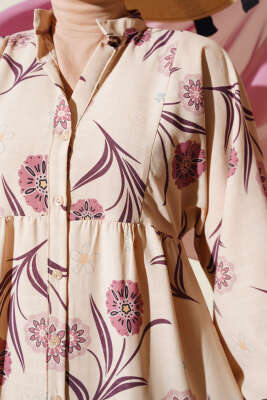 Çiçek Desenli Kat Kat Elbise Lila - Tesettür Elbise