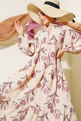 Çiçek Desenli Kat Kat Elbise Lila 