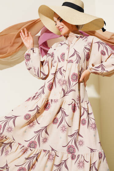 Çiçek Desenli Kat Kat Elbise Lila - Tesettür Elbise