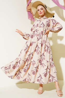 Çiçek Desenli Kat Kat Elbise Lila - Tesettür Elbise