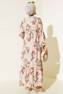 Çiçek Desenli Kat Kat Elbise Oranj - Tesettür Elbise