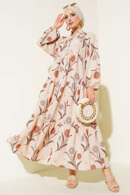 Çiçek Desenli Kat Kat Elbise Oranj 