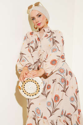 Çiçek Desenli Kat Kat Elbise Oranj - Tesettür Elbise