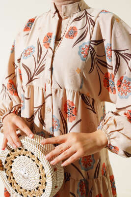 Çiçek Desenli Kat Kat Elbise Oranj - Tesettür Elbise