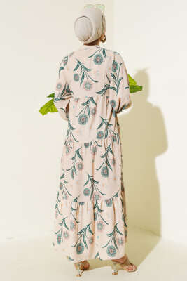 Çiçek Desenli Kat Kat Elbise Yeşil - Tesettür Elbise