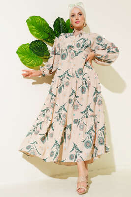 Çiçek Desenli Kat Kat Elbise Yeşil - Tesettür Elbise