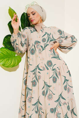 Çiçek Desenli Kat Kat Elbise Yeşil - Tesettür Elbise