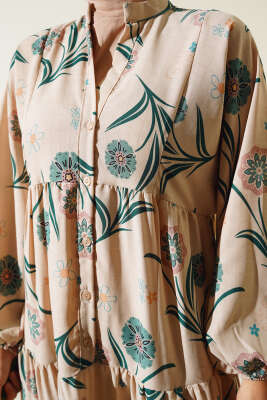 Çiçek Desenli Kat Kat Elbise Yeşil - Tesettür Elbise