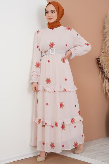 Çiçek Desenli Kemerli Bej Şifon Elbise - Tesettür Elbise