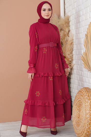 Çiçek Desenli Kemerli Bordo Şifon Elbise - Tesettür Elbise