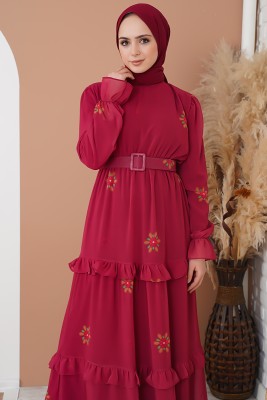 Çiçek Desenli Kemerli Bordo Şifon Elbise - Tesettür Elbise