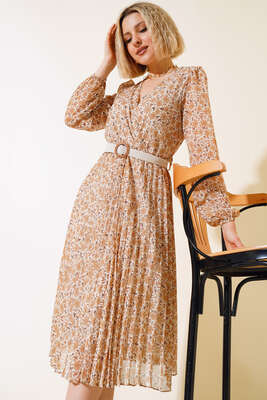 Çiçek Desenli Kemerli Elbise Bej - Kadın Giyim Modelleri