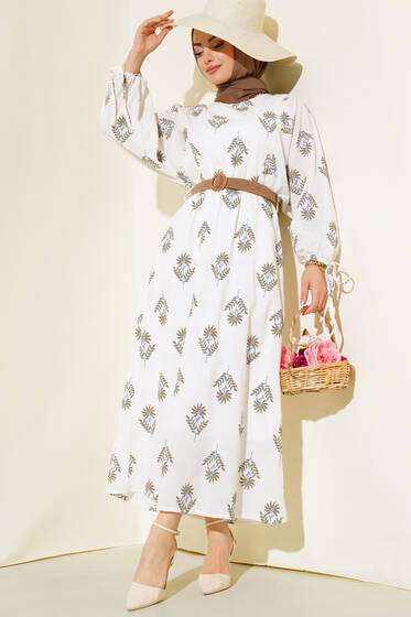 Çiçek Desenli Kemerli Elbise Beyaz - Tesettür Elbise