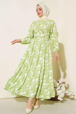 Çiçek Desenli Kemerli Elbise Çağla Yeşili - Thumbnail