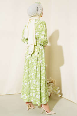 Çiçek Desenli Kemerli Elbise Çağla Yeşili - Thumbnail