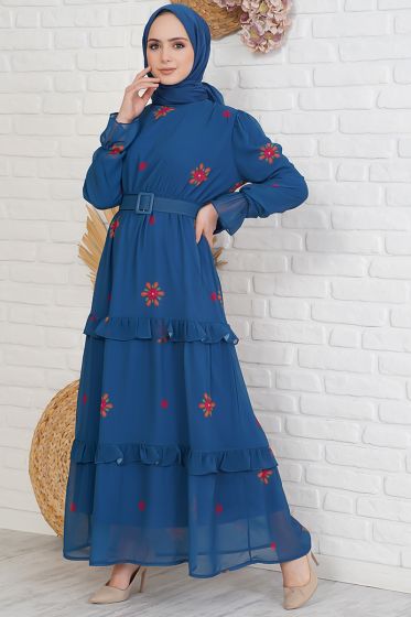 Çiçek Desenli Kemerli İndigo Şifon Elbise - Tesettür Elbise