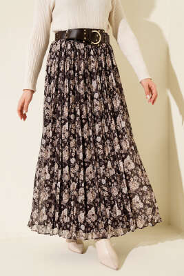 Çiçek Desenli Kemerli Piliseli Etek Acı Kahve - ALİ AKKAYA