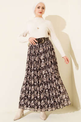 Çiçek Desenli Kemerli Piliseli Etek Acı Kahve - Etek