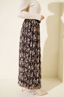 Çiçek Desenli Kemerli Piliseli Etek Acı Kahve - Etek