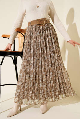 Çiçek Desenli Kemerli Piliseli Etek Latte - ALİ AKKAYA