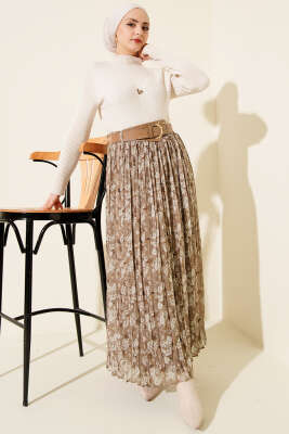 Çiçek Desenli Kemerli Piliseli Etek Latte - Etek