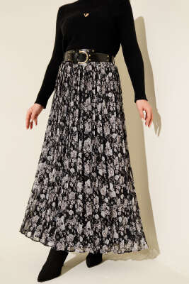 Çiçek Desenli Kemerli Piliseli Etek Siyah - ALİ AKKAYA