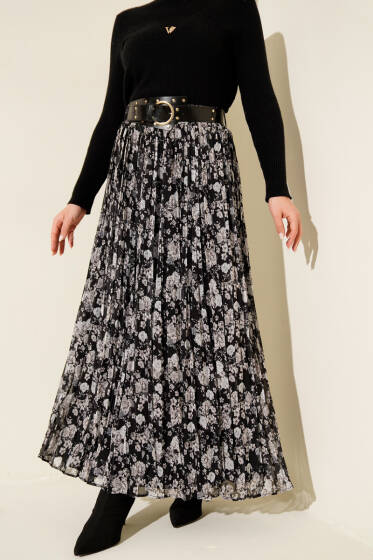 Çiçek Desenli Kemerli Piliseli Etek Siyah - Etek