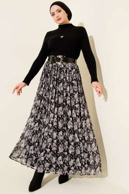 Çiçek Desenli Kemerli Piliseli Etek Siyah - Etek