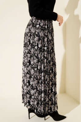 Çiçek Desenli Kemerli Piliseli Etek Siyah - Etek