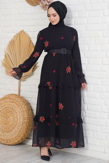 Çiçek Desenli Kemerli Siyah Şifon Elbise - Tesettür Elbise