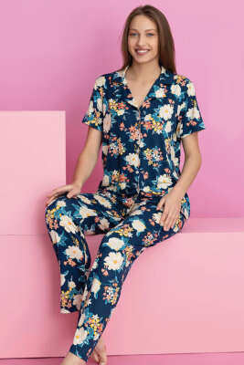 Çiçek Desenli Kısa Kol Düğmeli Pijama Takımı Indıgo