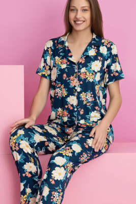 Çiçek Desenli Kısa Kol Düğmeli Pijama Takımı Indıgo - Kadın Pijama Takımı