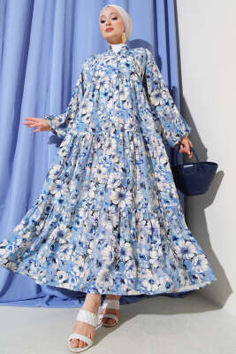 Çiçek Desenli Kloş Elbise Indıgo 